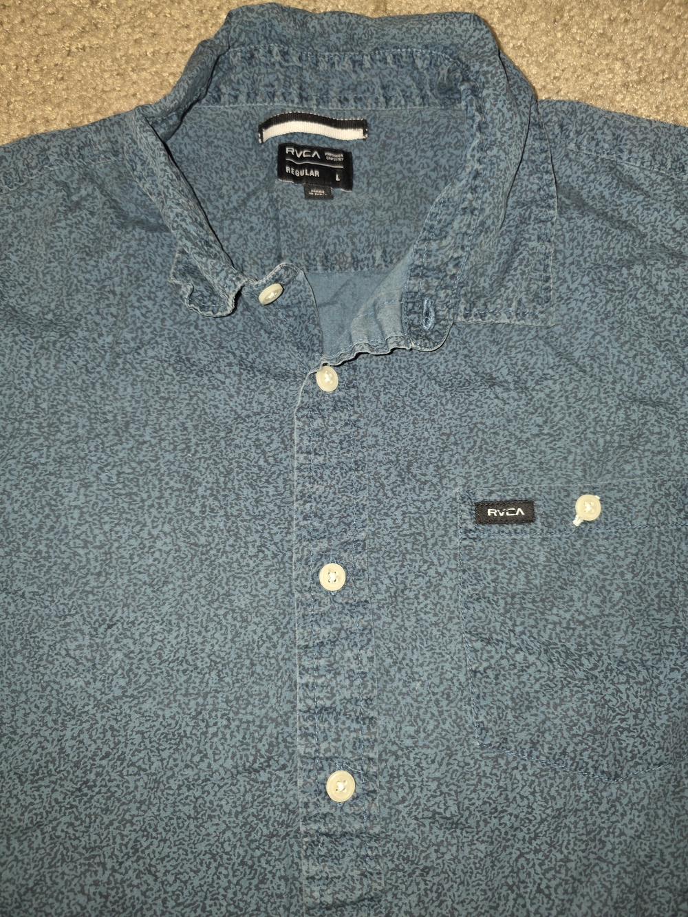 RVCA Mens L Blue Abstract Short Sleeve Button Up Shirt Button-Down Collar